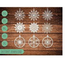 Set 9 Christmas Decoration Snowflake Ball Baubles New Year  Tree Vector Svg Eps Pdf Png Jpeg Template Cut Clipart File f