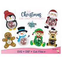 diy christmas dome candy holder svg, santa, reindeer, snowman, elf, penguin, gingerbread man template, cut file for cric