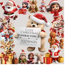 Cute 3D Christmas Characters Clipart, Xmas Illustrations Bundle, Santa Claus, Elf, Snowman, Reindeer, Winter Season, PNG