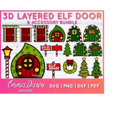 3D ELF DOOR and ACCESSORY Svg Bundle 17 Layered Christmas Designs Svg, Png, Dxf, Pdf & Fcm Digital Download