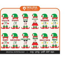 christmas elf family svg bundle, commercial use, elf hat svg, holiday svg, elf feet svg, elf clipart, elf png, mom elf s