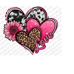 Valentines Day Western Hearts And Sunflower Png Sublimation Design, Western Heart Png,Sunflower Heart Png,Cowhide Heart