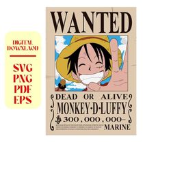 One Piece Wanted Digital Poster PDF | Monkey D. Luffy | Svg File