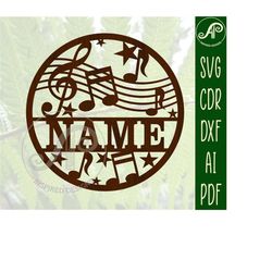 Music name sign, SVG, musical and star theme door or wall hanger, Laser cut template, instant download Vector file Ai, C