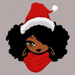 Black Afro Girl with Santa Hat Svg, Christmas Svg, Cute African American Svg