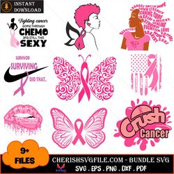 Crush Cancer Bundle Svg, Pink Ribbon Butterfly Bundle Svg