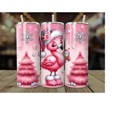Pink Flamingo Tumbler Wrap, Cute Flamingoes in Santa Hat , Glitter Rhinestone Tumbler, Trending Christmas Sublimation, 3