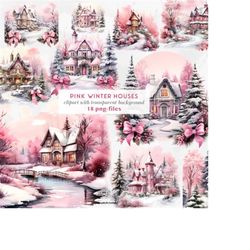 Pink Christmas Houses Clipart | Pink Watercolor Christmas Bundle | Girly Christmas PNG | Winter Wonderland Scenery Clipa