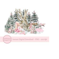 Pink Winter Woodland PNG, Winter Fairyland Sublimation Design, 1st Christmas Card Design, Santa Sack Design,Instant Digi