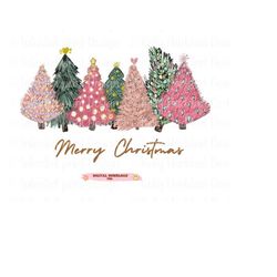 Christmas trees PNG, lights snow pink green cozy winter digital download Sublimation design hand drawn Printable file Gr
