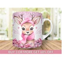 pink reindeer cute christmas mug wrap, 11oz and 15oz mug sublimation design, holiday x-mas sparkly glitter winter mug wr