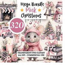Pink Tis the Season Christmas PNG Clipart Bundle, Pink Christmas Clipart PNG, Cottagecore Watercolor Winter Bundle, Junk