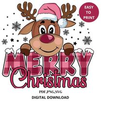 Pink Merry Christmas Reindeer Png Sublimation Design, Christmas Deer with hat, Funny Deer Png, Merry Christmas Png, Rein