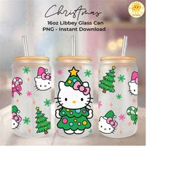 pink chrismas pine tree cat 16oz glass can wrap, christmas character beer can glass wrap, christmas cartoon uv dtf cup w