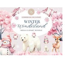 Winter Wonderland Clipart Bundle, Pink Christmas, Polar Bear Clipart, Winter Wedding, Woodland PNG, Winter Clipart, Comm