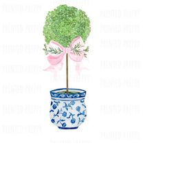 Chinoiserie watercolor topiary with Pink Christmas Bow PNG // Pink and White PNG // Digital Download // Chinoiserie Chri