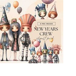 Quirky Happy New Years Crew Clip Art Clipart Pack, Transparent PNG, Celebration Graphics, Party Whimsical Characters, Ba