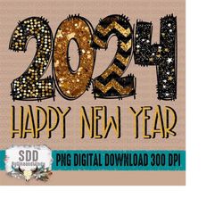2024 Happy New Year PNG | New Year, 2024, Alpha Doodle, Gold, Glitter, Sequins | Instant Download | Sublimation | DIGITA