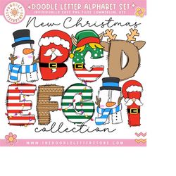 Christmas Clip Art  Doodle Letters and Numbers, Uppercase Alphabet Set, Retro Christmas Sublimation Letters, Santa Xmas