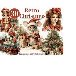 Retro Vintage Christmas / Santa Png Clipart Images - Watercolor Winter bundle -  Junk Journals Invitations Sublimation e