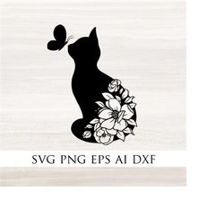 Cat with Flowers SVG, floral cat svg, Cat Black Silhouette, Floral cat Silhouette, Cat svg, Floral cat svg, Paper cut te