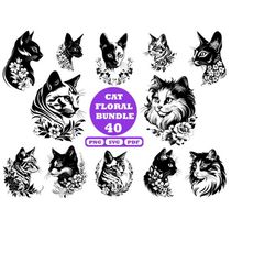 FLORAL CAT SVG, Floral Cat Clipart, Floral Cat Svg Files For Cricut, Floral Cat Silhouette Svg, Cute cat svg, Black cat