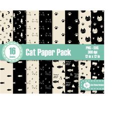 Cat Digital Paper Pack in Black and White/ Cute animal pattern set in SVG PNG/ Hand drawn/ Collage and scrapbook paper/