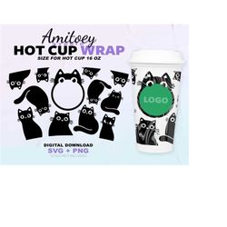 Black Cat SVG Full wrap, Animal, Pet, Black Cat, Cat cute, Gift for a lovely cat for Hot cup 16 Oz | SVG, PNG Files Digi