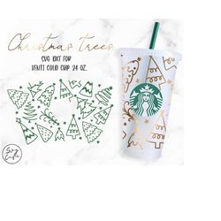 Doodle Christmas Tree  24oz Venti Cold Cup Cutfile, Svg Dxf Png File Digital Download