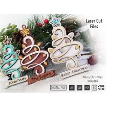 Lighted Christmas Tree ornament Laser Cut ready files in SVG, PDF. Family Tree Ornament, Name Tree Ornament, Glowforge S