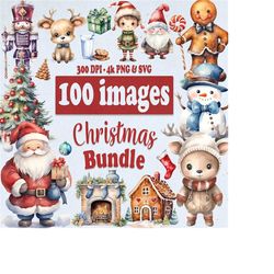 Watercolor Christmas Clipart Bundle, PNG & SVG XMAS Graphics, Cute Santa Claus Reindeer Tree Snowman for commercial use