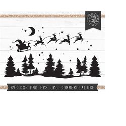 Christmas Night SVG, Santa Sleigh SVG, Reindeer Silhouette, Starry Night Forest Svg, Pine Trees Svg, Santa Silhouette, M