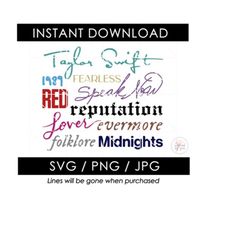 Taylor Swift Album Titles SVG | Era Tours Outfit Design Shirt | Swifties | Junior Jewels | PNG SVG | Digital Download Cr