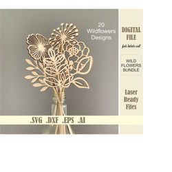 Laser Cut Wildflowers SVG Bundle, Glowforge Cricut Digital download Files, Vector Flowers Bouquet for Mom, Wood Florals