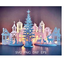 3d christmas village svg template, paper christmas house svg cut file for cricut, DIY crafts for christmas mantel, winte