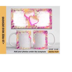 sublimation mug png with 2 frames hearts coffee mug template with pictures valentine&39s day 2 photo mug wrap mug 15 oz