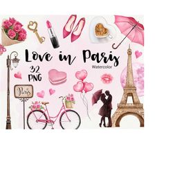 Valentine&39s day Clipart, Watercolor Paris Love Clip Art, Cute Romantic, Wedding clipart, France travel, roses, Heart,