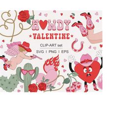 Retro Western Howdy Valentines Day Cowboy Cupid Heart cartoon Love Luck Gun Fire Rose Cacti Cow print clipart set PNG SV