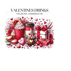 Valentines Drinks Watercolor Clipart, Valentines Day gift Clipart PNG, Coffee Clipart, Sublimation Christmas graphic, Di