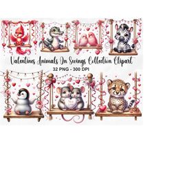 Valentines Animals On Swings Collection Clipart, 32 PNG Valentines Day Clipart, Romantic Animal PNG, Valentines Day Bund