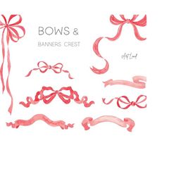 Watercolor ribbon banners and bows clipart, Valentine&39s day bows , Watercolour Clip Art Digital,  Red Christmas bows c