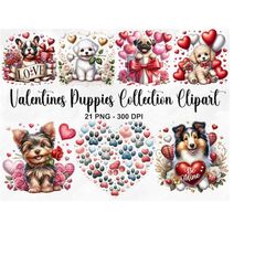 Watercolor Valentines Puppies Collection Clipart, 21 PNG Valentines Day Clipart, Cute Puppy Clipart, Puppy Paw Print Cli
