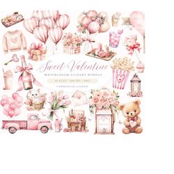 Sweet Valentine Clipart Bundle, Watercolor Valentines Day Clipart, Valentines PNG, Pink Roses Clipart, Blush Valentine,
