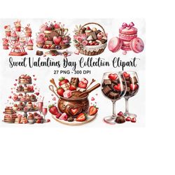 Watercolor Sweet Valentines Day Collection Clipart, 27 PNG Valentines Day Clipart, Chocolate PNG, Pink Dessert, Candy Bo