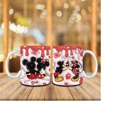 3D Inflated Cartoon Valentine Coffee 11oz Mug Wrap Png, Puff Mouse Couples Valentine Mug, Happy Valentines Day,Love Hear