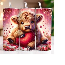 Baby Highland Cow Valentines Day Tumbler Wrap 20oz Skinny Tumbler Sublimation Design Heart Highland Cow Tumbler PNG Inst