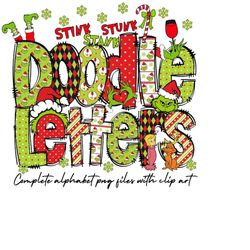 Christmas Grinch Clip Art  Doodle Letters and Numbers, Uppercase Alphabet Set, Retro Christmas Sublimation Letters, Sant