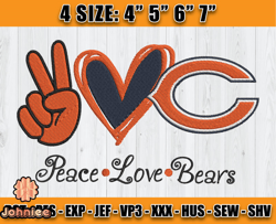 Bears Embroidery, Peace Love Bears, NFL Machine Embroidery Digital, 4 sizes Machine Emb Files -22 Johniee
