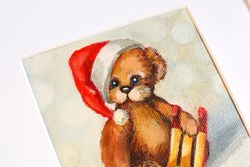 Christmas Original oil painting Christmas teddy bear Christmas toy Hand painted 9'x9' 23x23cm small painting