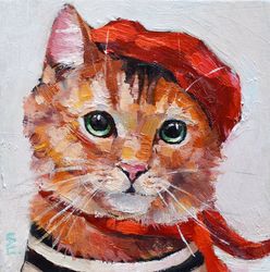 Original Oil Painting Red Cat Animal Art Pet Painting Funny Pet Parisian Funny Cat Portrait Pet